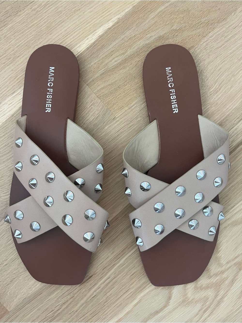 Marc Fisher Taupe Crisscross Stud Slide Sandals